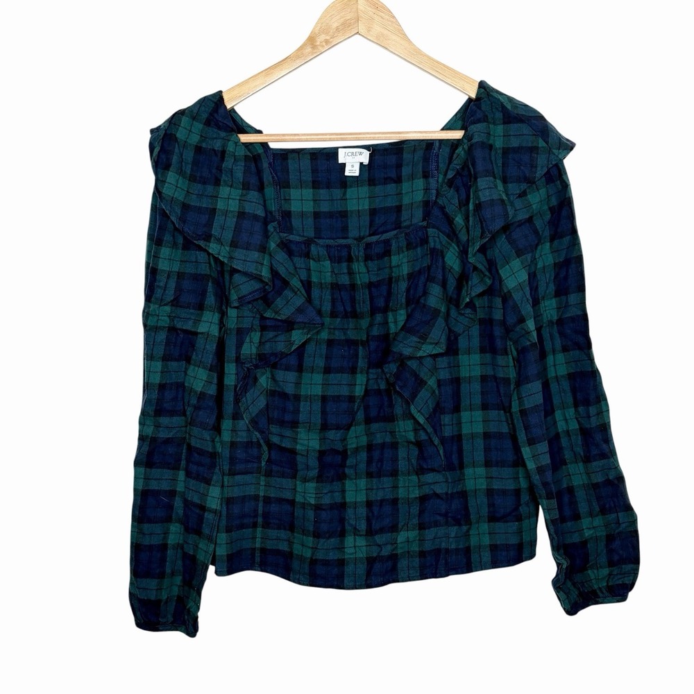 J Crew Black Watch Plaid Ruffled Top Womens Small Preppy Heritage Blue Green